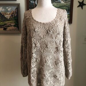 Christy Taupe Crochet Scoop-Neck Floral Knit Sweater